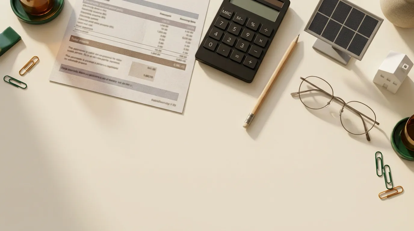 An electricity bill, a calculator and small solar and battery models on a desk