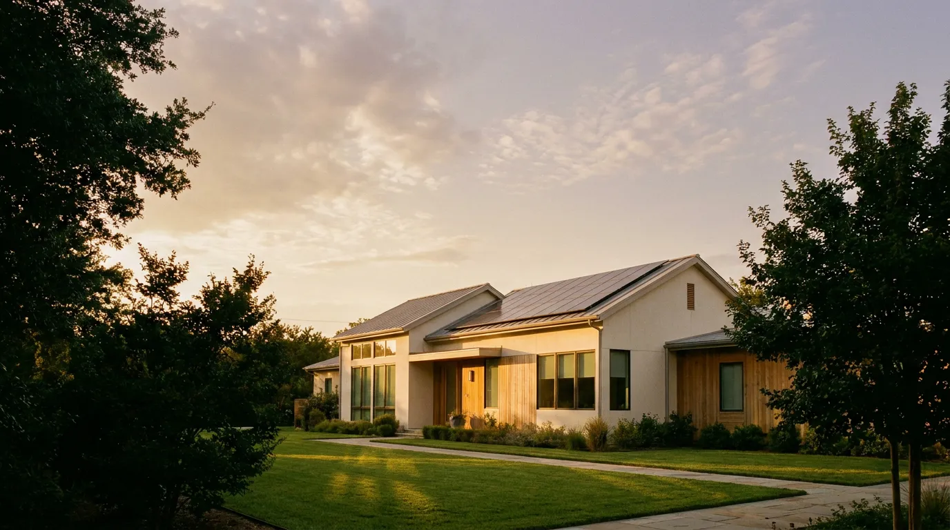 A modern home with rooftop solar at golden hour
