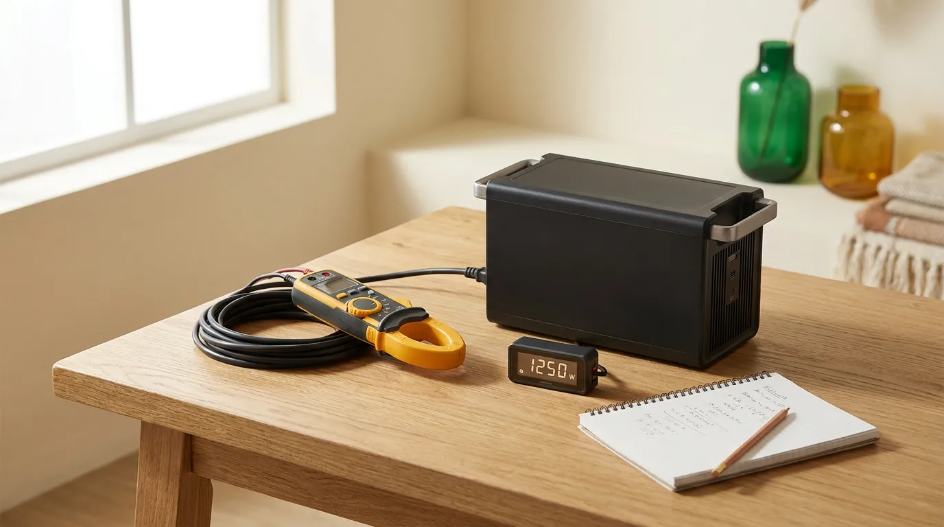 A power station, a clamp meter on a cable and a notebook of measurements on a workbench