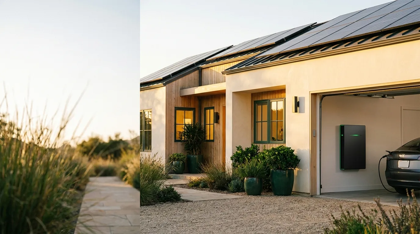 A modern home with rooftop solar panels and a wall-mounted home battery at golden hour