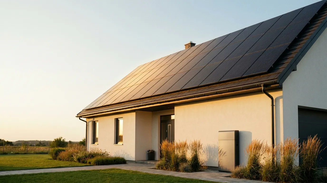 A modern home with rooftop solar panels and a wall-mounted home battery at golden hour